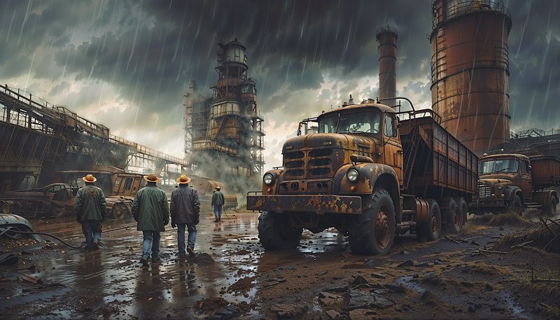Rusty trucks and workers in a rainy, abandoned industrial plant at dusk.
