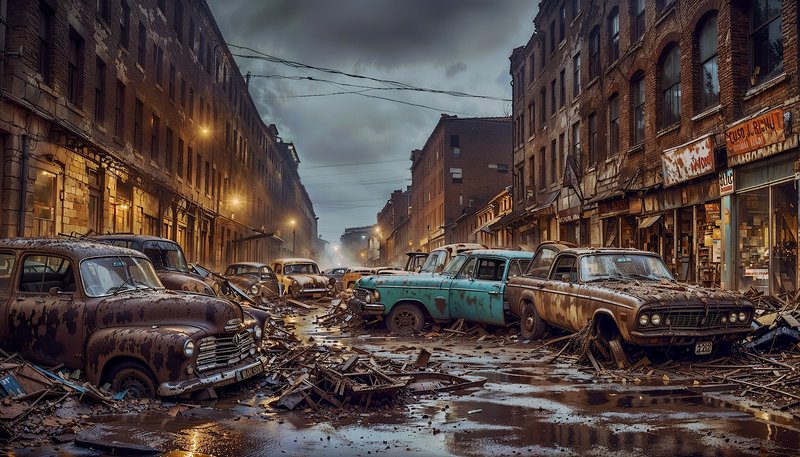 Post-apocalyptic urban street with abandoned rusty cars and rubble in a dim, moody alley.