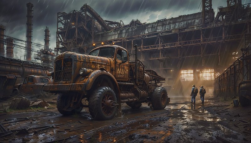 Rusty vintage heavy truck in a flooded, dilapidated steel mill with two workers in the background