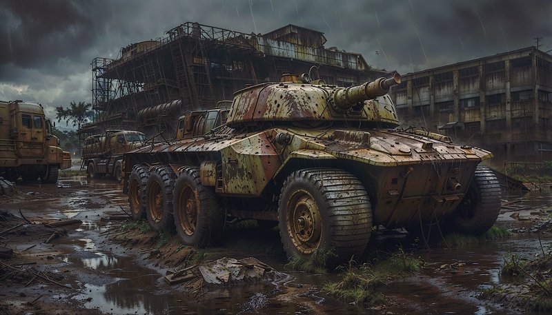 Rusty armored tank in a rainy, muddy industrial yard with abandoned buildings.