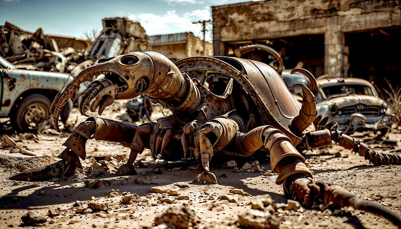Rusty, abandoned robotic scorpion in a desert junkyard with old cars and dilapidated buildings
