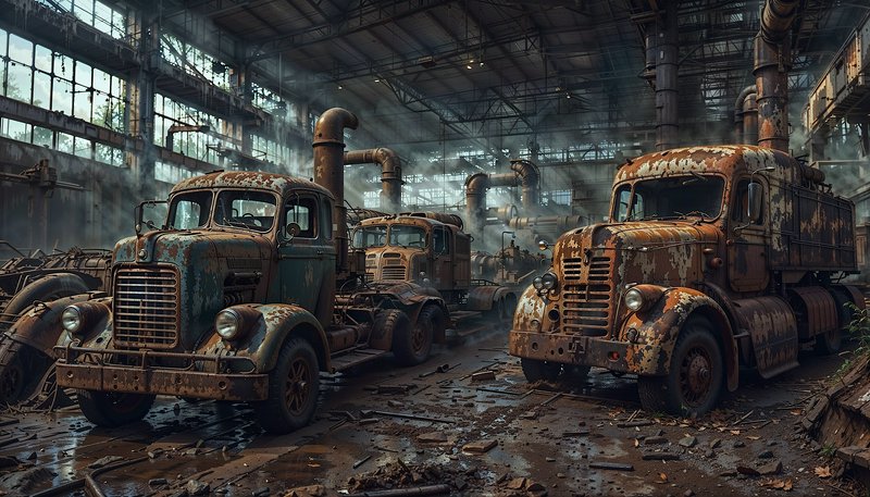 Row of rusted, abandoned vintage trucks inside a dilapidated industrial warehouse.