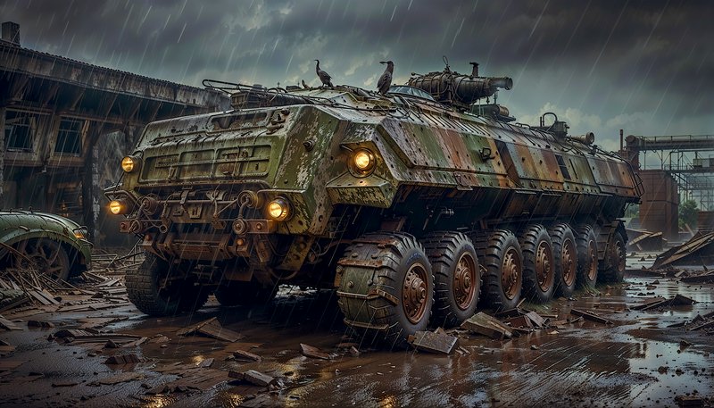 Rain-soaked armored vehicle in an industrial ruin with rugged camouflage and muddy terrain.