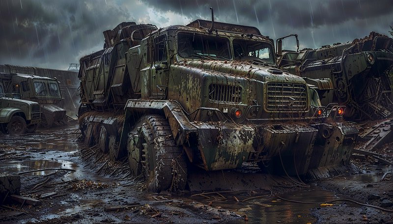 Weathered military trucks sit abandoned in a muddy depot beneath a stormy sky.