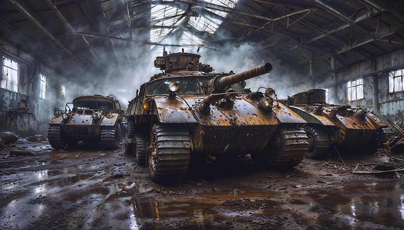 Rusty war tanks inside an abandoned warehouse with mud and smoke.