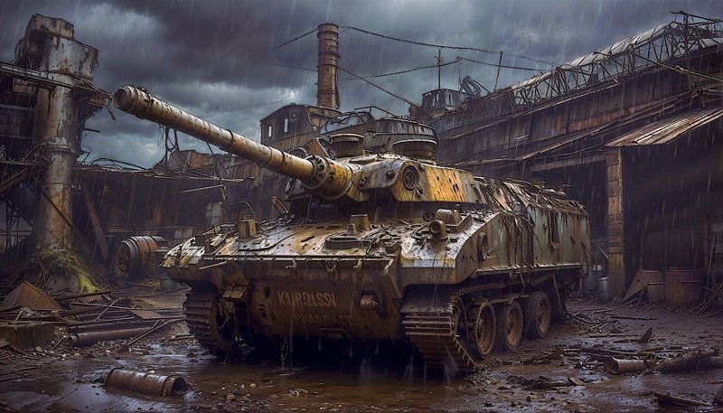 A rusted, battle-worn tank sits in a rainy, abandoned industrial yard among crumbling structures.