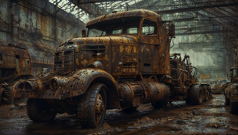 Rusty abandoned truck in a derelict industrial warehouse