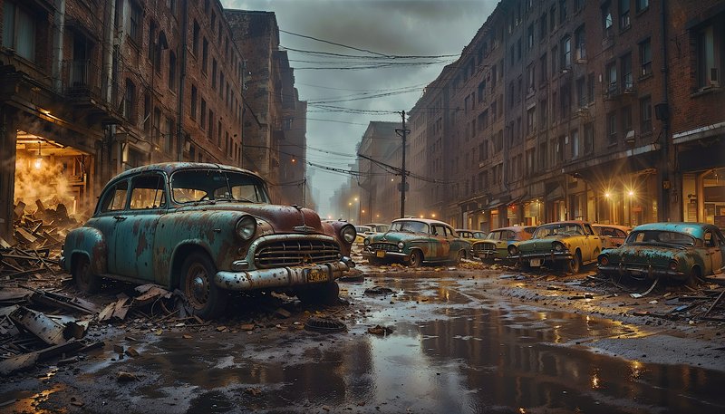 Desolate urban street with rusted vintage cars and rubble in a post-apocalyptic city.