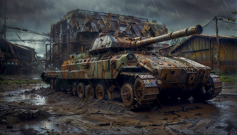 Weathered military tank in muddy industrial yard during heavy rain