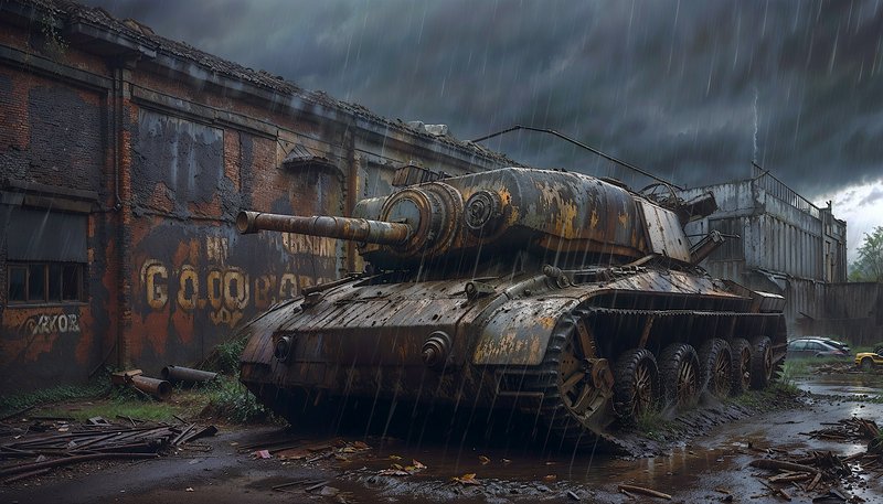 Rusty abandoned tank in a rainy, industrial yard