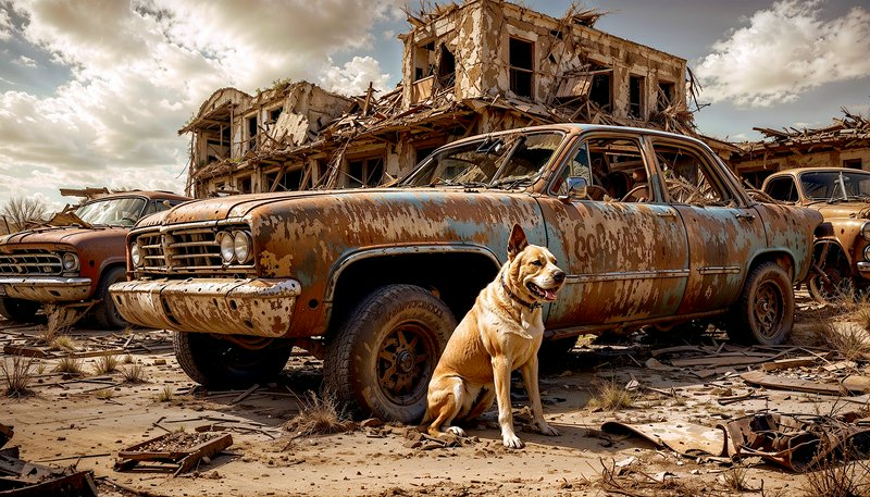 Rusty vintage car in a desert junkyard with a sitting dog and ruined buildings