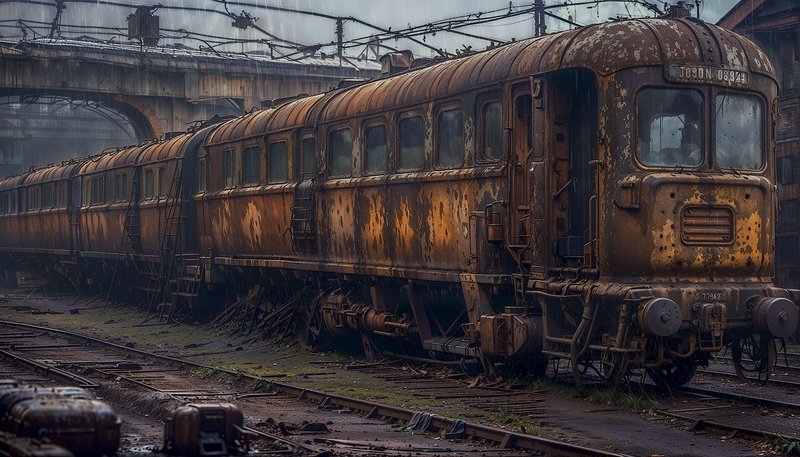 A moody scene of rusted, derelict train cars sitti | antares on ...