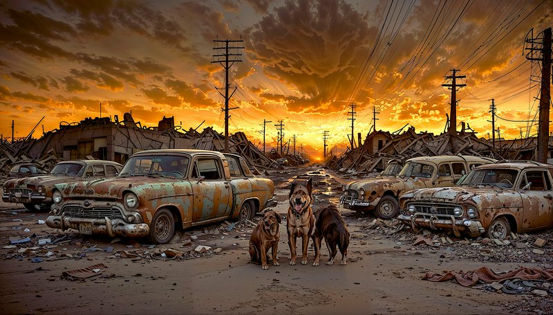 Post-apocalyptic street with rusted vintage cars, ruined buildings, and three dogs under a fiery sunset.