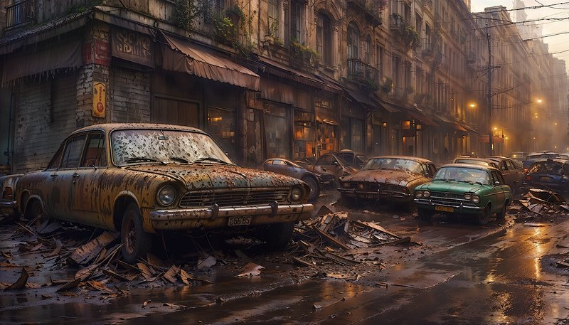 Old, rusted vintage cars line a debris-strewn, rain-soaked city street with warm glow from distant lamps.