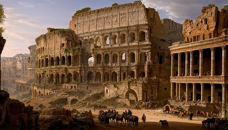 Ancient stone ruins with arched colonnades and horse riders in a dusty desert scene
