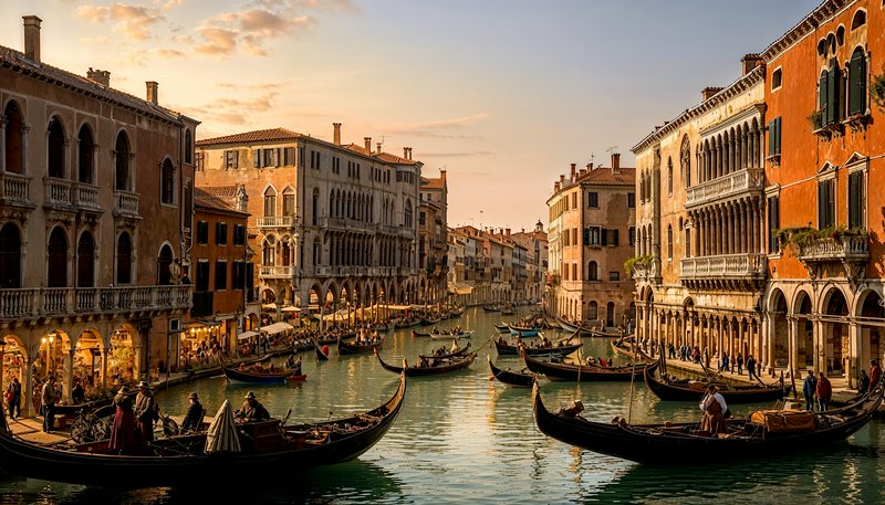Venice canal with gondolas and historic arched buildings at sunset