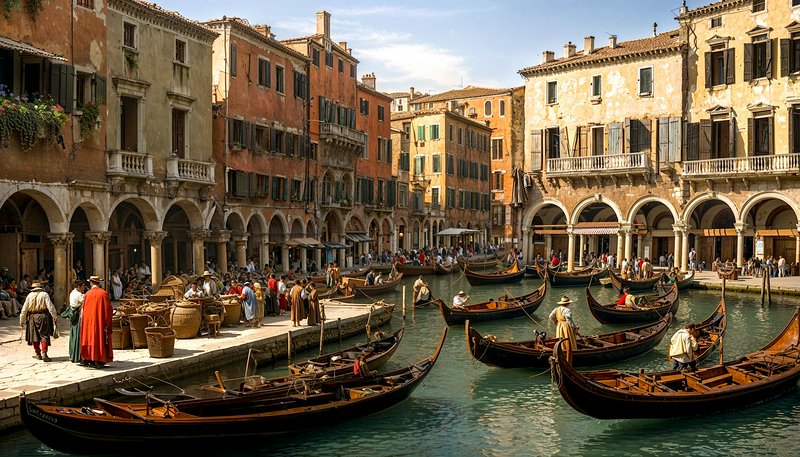 Wooden gondolas glide along a canal in Venice, beside historic arched buildings and a bustling promenade.