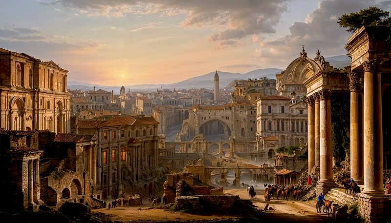 Ancient Roman cityscape with ruins, arches, and sunset over a historic hillside.