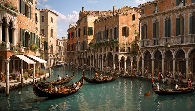 Venice canal scene with colorful historic buildings and gondolas on turquoise water