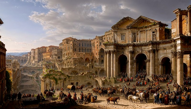 Ancient Roman ruins plaza with arches, crowds, and horses in a grand cityscape.