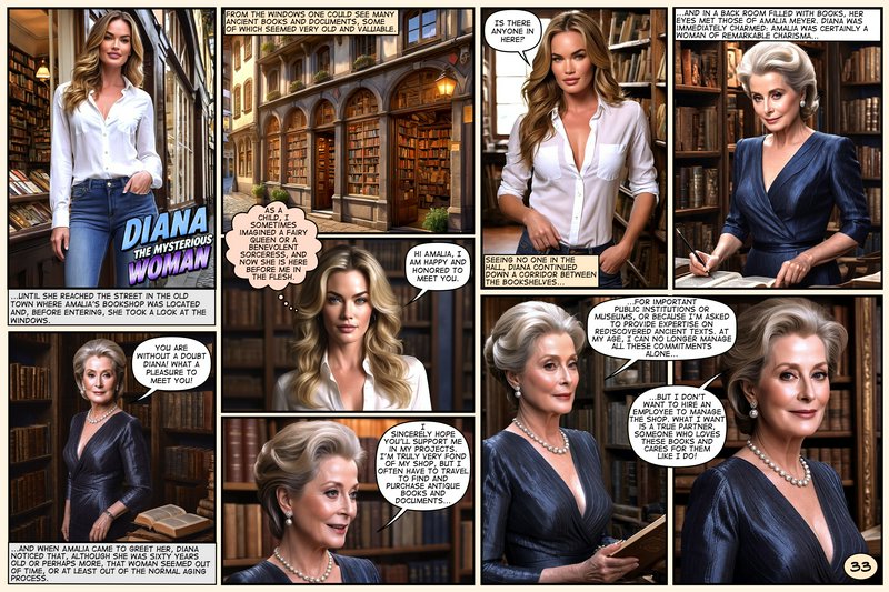 Paneled fantasy comic page featuring protagonist Diana visiting a historic antique bookshop and m...