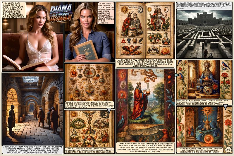 Multi-panel "Diana the Mysterious Woman" comic page showing alchemical illustrations, medieval sc...