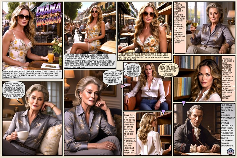 [9-panel "Diana the Mysterious Woman" comic page showing illustrated story panels of the lead character in cafes and in co...