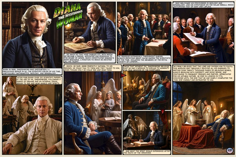 9-panel historical comic page illustrating the life and spiritual visions of 18th century mystic ...