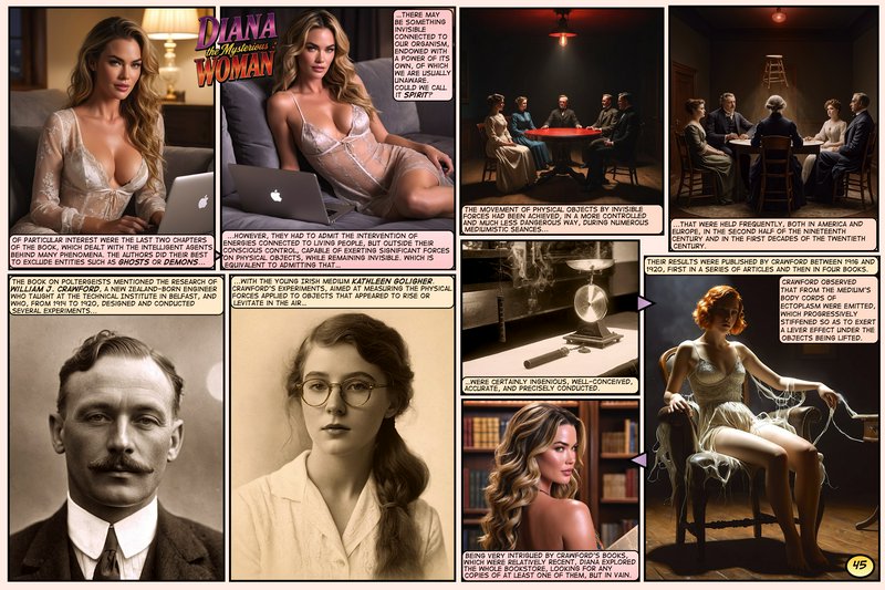 Photorealistic comic page for "Diana the Mysterious Woman" exploring vintage spiritualism, seance...