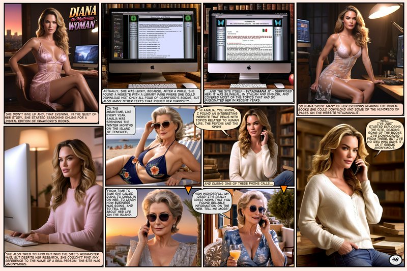 Multi-panel page 46 from "Diana the Mysterious Woman" comic, showing the lead researching online ...