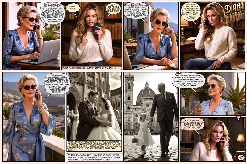 8-panel photorealistic comic strip of two elegant women on a phone call discussing family heritag...