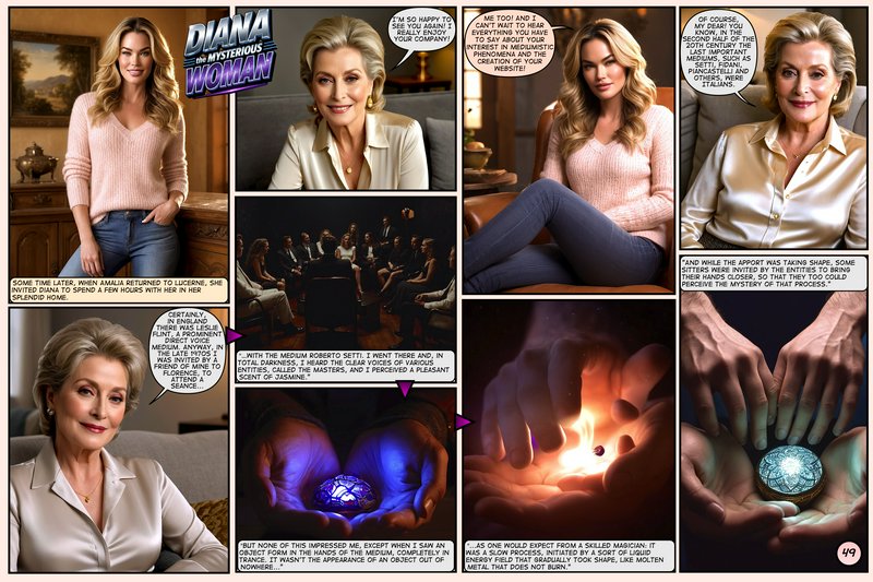 Multi-panel page 49 of Diana the Mysterious Woman comic, showing characters discussing spiritual ...