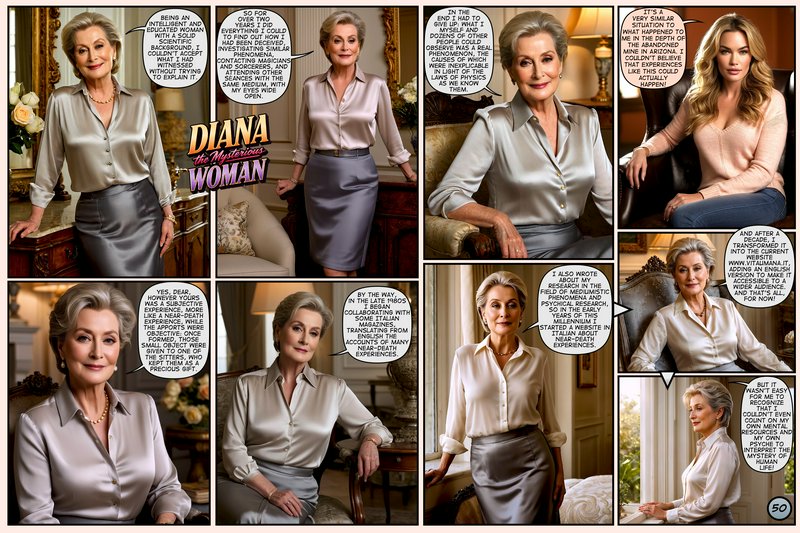 8-panel photorealistic comic page for "Diana the Mysterious Woman" showing two women discussing p...