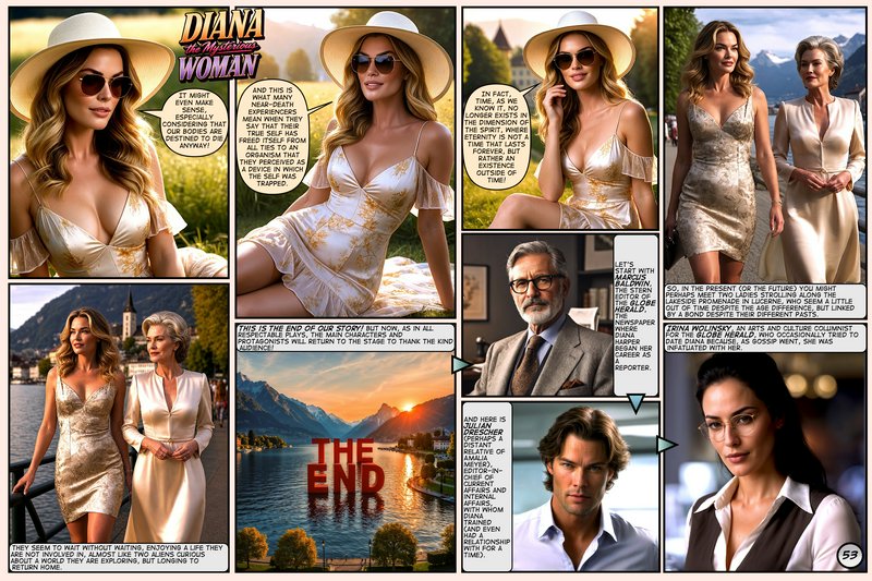 Multi-panel page 53 of the Diana the Mysterious Woman comic, with character scenes set in scenic ...