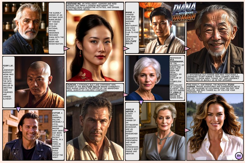 Photorealistic comic page character lineup for Diana the Mysterious Woman, with 10 diverse cast p...