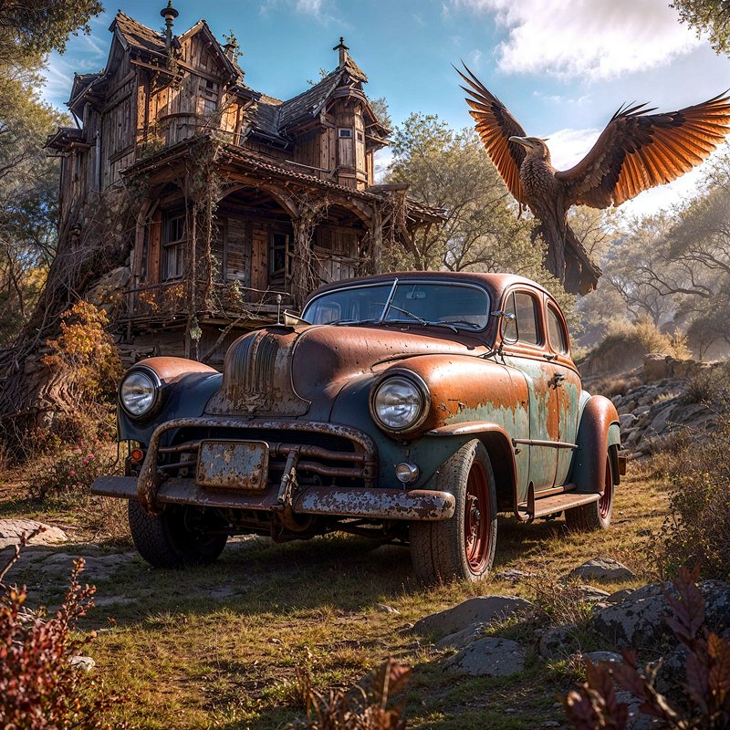 Rusted vintage sedan parked outside a crumbling overgrown wooden cabin, giant winged wooden bird ...