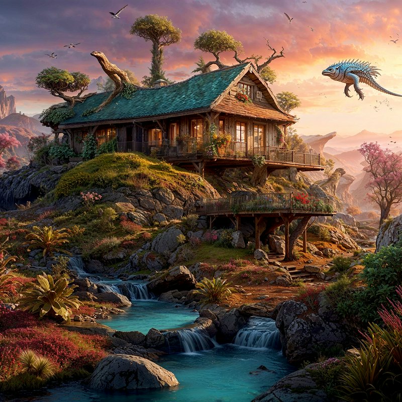 Whimsical fantasy wooden cabin on a rocky hillside beside turquoise waterfalls, with a flying rep...