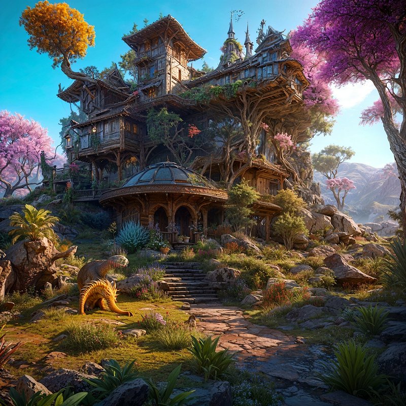 Elaborate fantasy wooden treehouse manor perched on a rocky hillside, with colorful blooming tree...