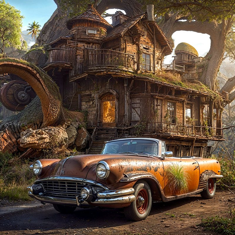 Rusted vintage convertible parked before a whimsical overgrown wooden treehouse built into giant ...