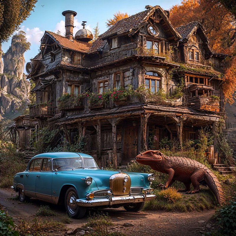 Whimsical weathered wooden cottage, vintage turquoise sedan, and armored reptilian creature on an...