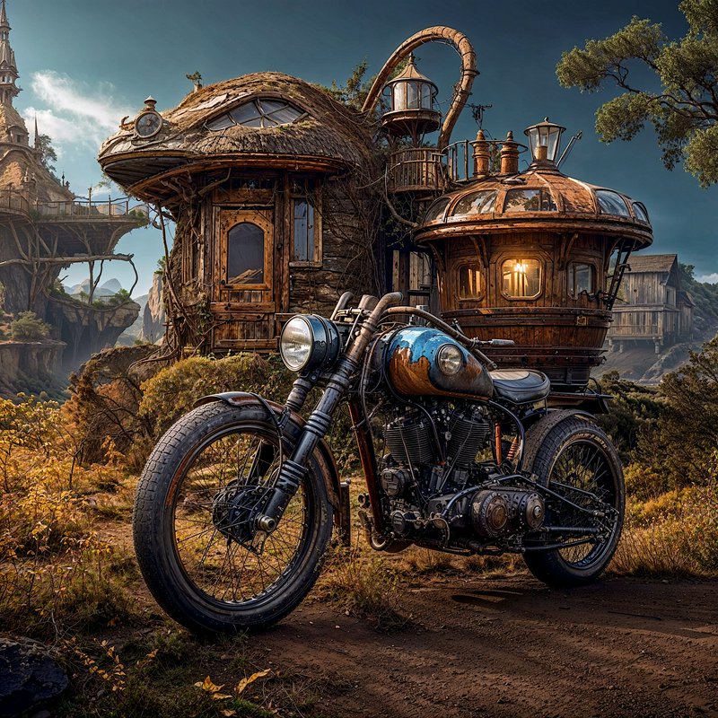 Steampunk custom vintage motorcycle parked in front of a quirky thatched hobbit cottage in a fantasy mountain countryside.