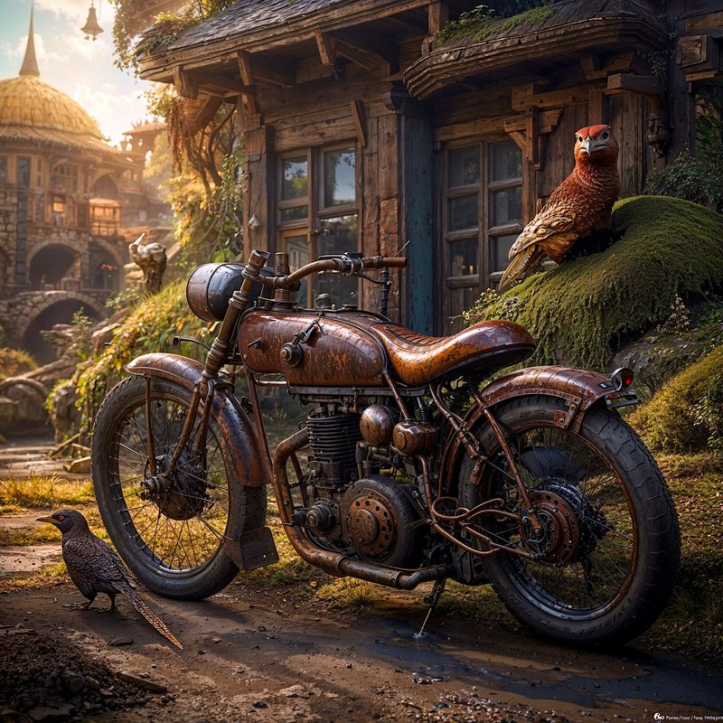 Weathered rusted steampunk motorcycle parked outside an overgrown wooden fantasy cottage, with su...