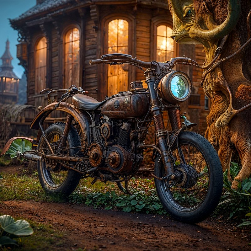 Weathered steampunk motorcycle parked outside a glowing wooden cabin, beside a horned fantasy beast at twilight