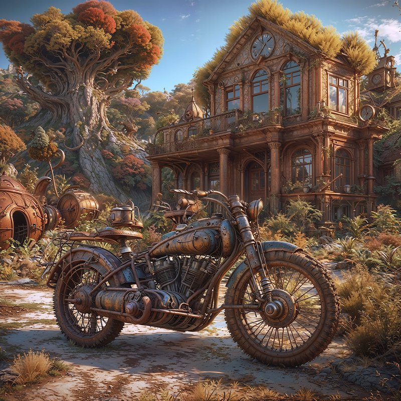 [Ornate rusted steampunk motorcycle parked before a clock-topped Victorian mansion and giant ancient autumn tree in a sunl...