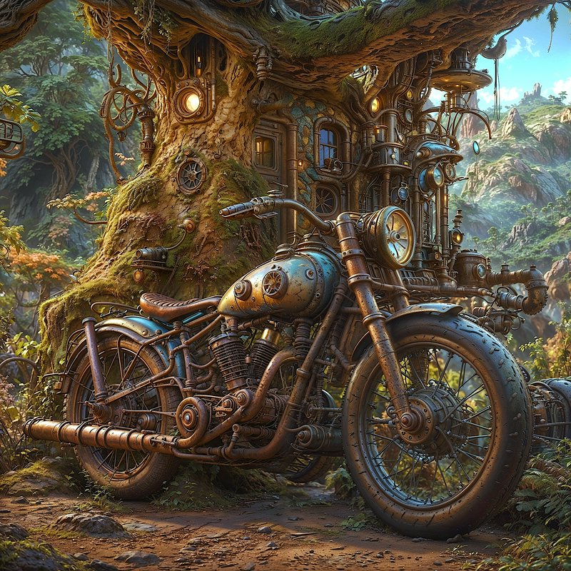 Detailed steampunk motorcycle parked before a mechanical mossy treehouse in a sunlit fantasy moun...