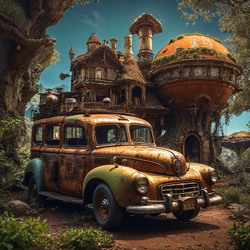 Rusted vintage steampunk van parked on a dirt path before an overgrown whimsical fantasy cottage ...
