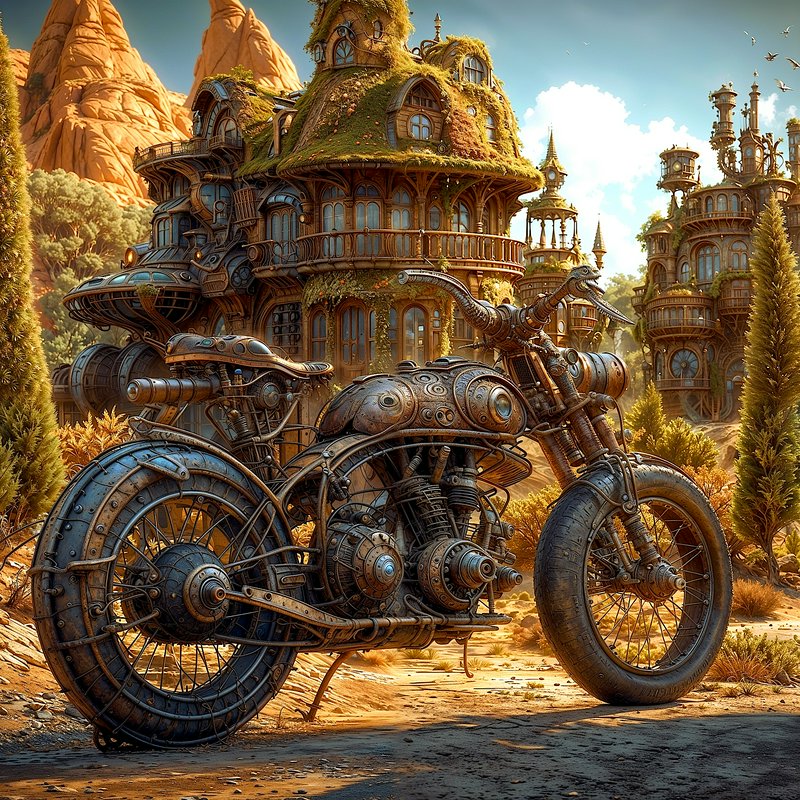 Ornate mechanical steampunk motorcycle parked before moss-covered steampunk village buildings in ...