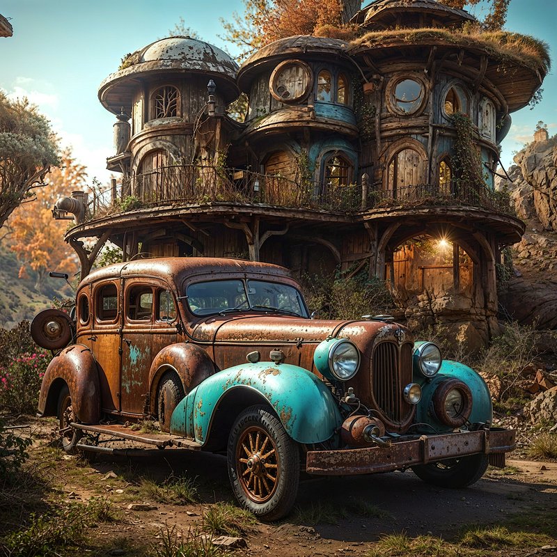 Rusty turquoise vintage steampunk sedan parked before a whimsical domed overgrown hobbit-style wo...
