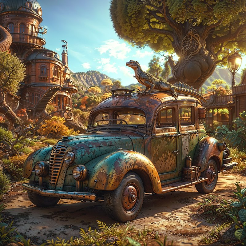 Rusted steampunk vintage sedan with a reptilian creature perched on its roof, set in a lush fanta...