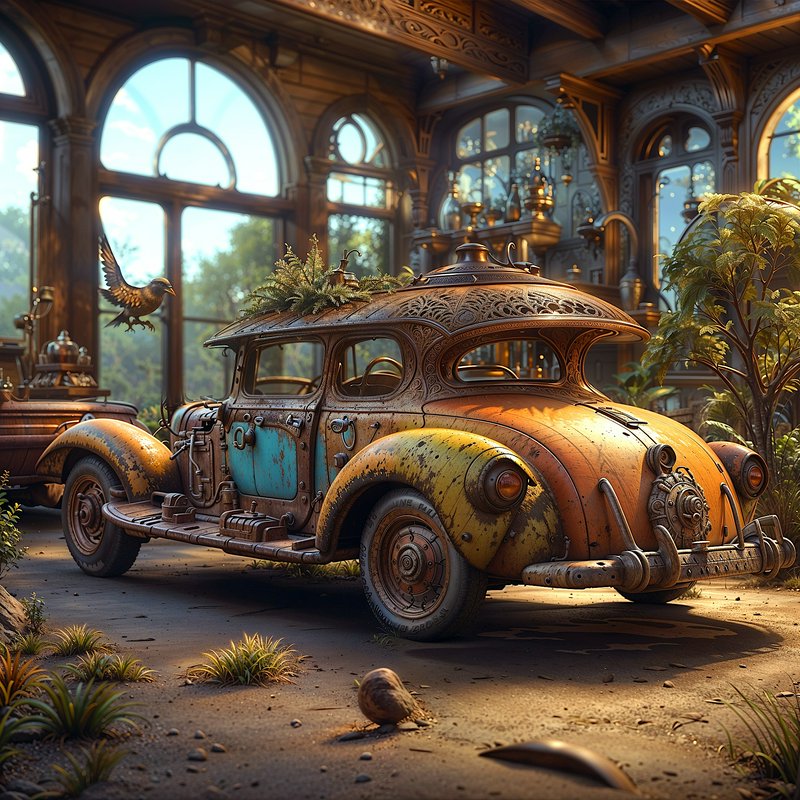Ornate rusted steampunk vintage car parked in an overgrown sunlit Victorian glass conservatory, m...